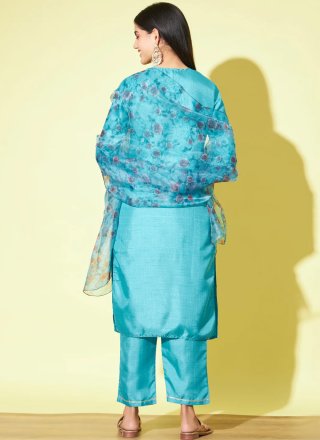 Aqua Blue Silk Blend Pant Style Suit with Embroidered Work