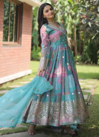 Aqua Blue Silk Designer Gown with Digital Print and Embroidered Work