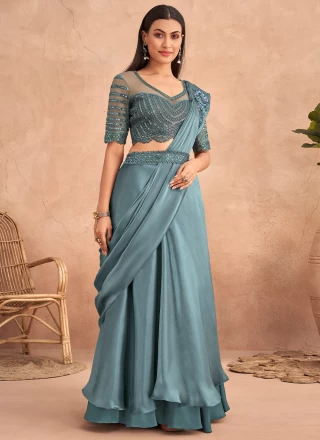 Aqua Blue Silk Designer Saree
