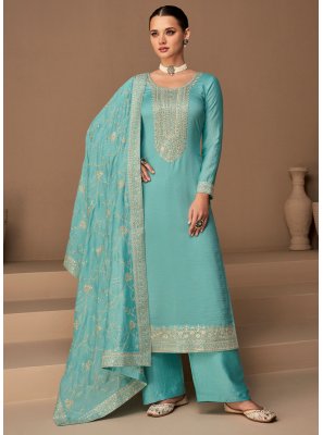 Aqua Blue Silk Embroidered Trendy Salwar Kameez