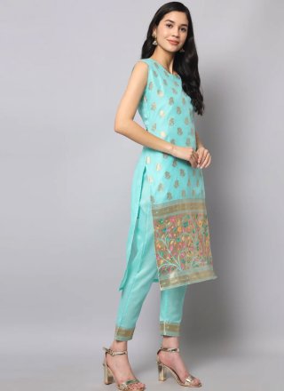 Aqua Blue Silk Jacquard Work Readymade Salwar Suit