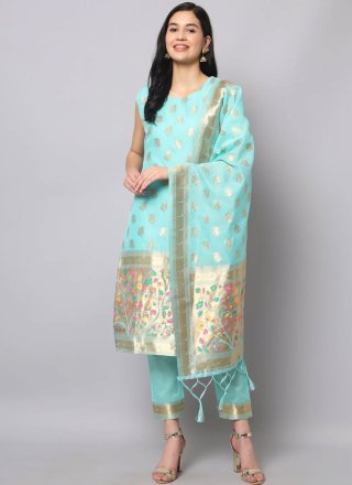 Aqua Blue Silk Jacquard Work Readymade Salwar Suit