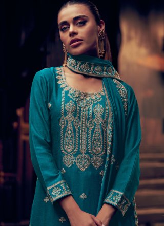 Aqua Blue Silk Salwar Suit with Embroidered and Resham Work for Ceremonial