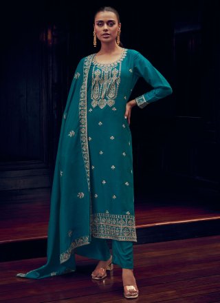 Aqua Blue Silk Salwar Suit with Embroidered and Resham Work for Ceremonial