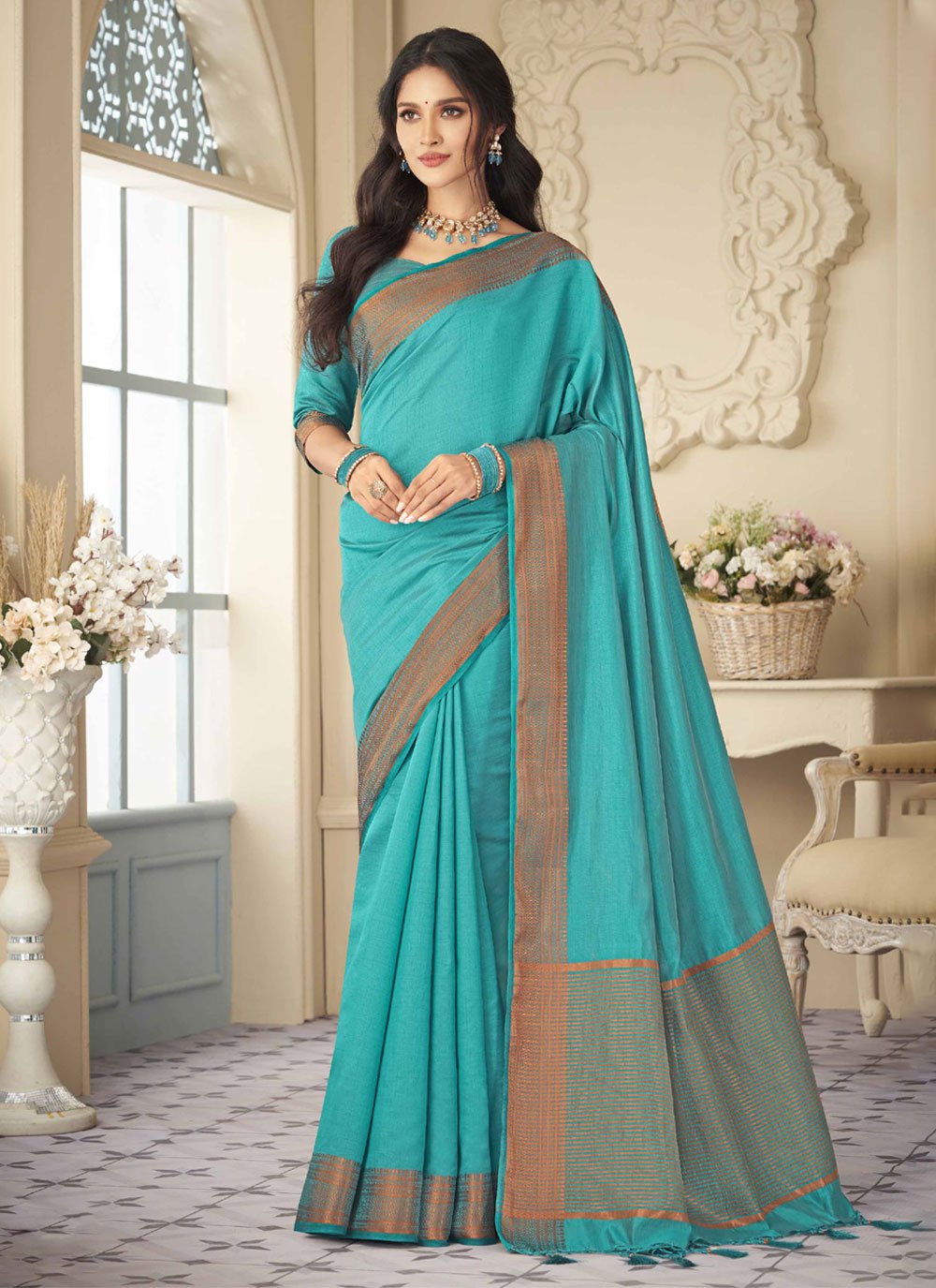 Silk Linen Plain Saree Dark Blue Color with contrast border and attached  Running Blouse-Indiehaat – Indiehaat.com