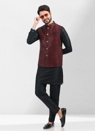 Art Banarasi Silk Black and Maroon Kurta Payjama With Jacket