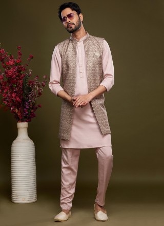 Art Banarasi Silk Brown and Pink Digital Print Kurta Payjama With Jacket