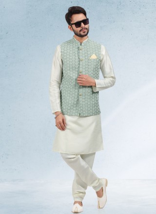 Art Banarasi Silk Cream and Green Thread Work Kurta Payjama With Jacket