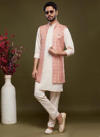 Art Banarasi Silk Cream and Pink Digital Print Kurta Payjama With Jacket