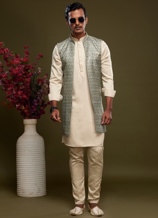Art Banarasi Silk Digital Print Kurta Payjama With Jacket in Cream and Green