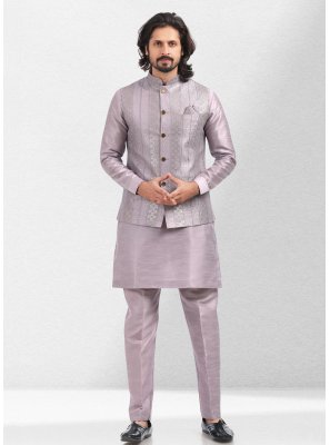 Art Banarasi Silk Embroidered Kurta Payjama With Jacket in Lavender