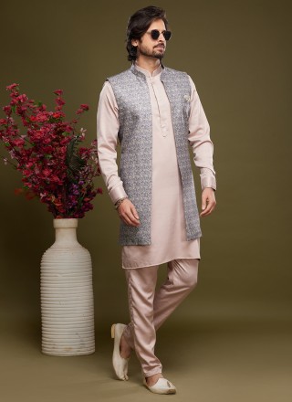 Art Banarasi Silk Grey and Pink Digital Print Kurta Payjama With Jacket