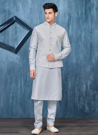 Art Banarasi Silk Kurta Payjama with Jacket In Blue