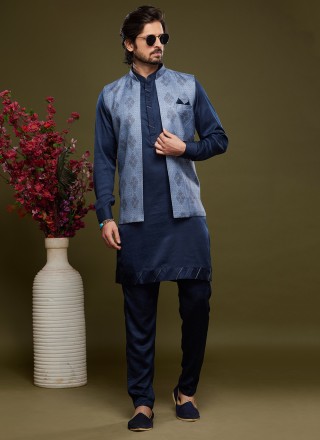 Art Banarasi Silk Kurta Payjama With Jacket in Blue and Silver