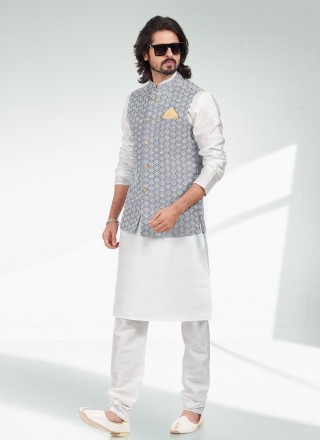 Art Banarasi Silk Off White and Purple Kurta Payjama With Jacket