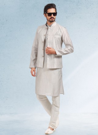 Art Banarasi Silk Thread Work Grey Kurta Payjama With Jacket