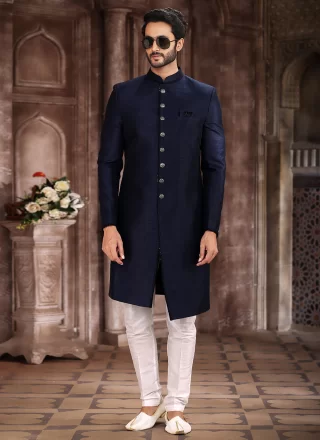 Art Silk Buttons Indo Western Sherwani in Blue