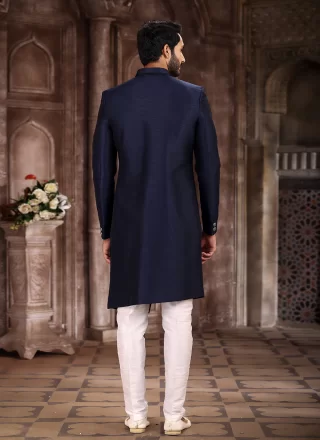 Art Silk Buttons Indo Western Sherwani in Blue