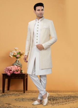Art Silk Cream and Off White Lucknowi work Indo Western Sherwani