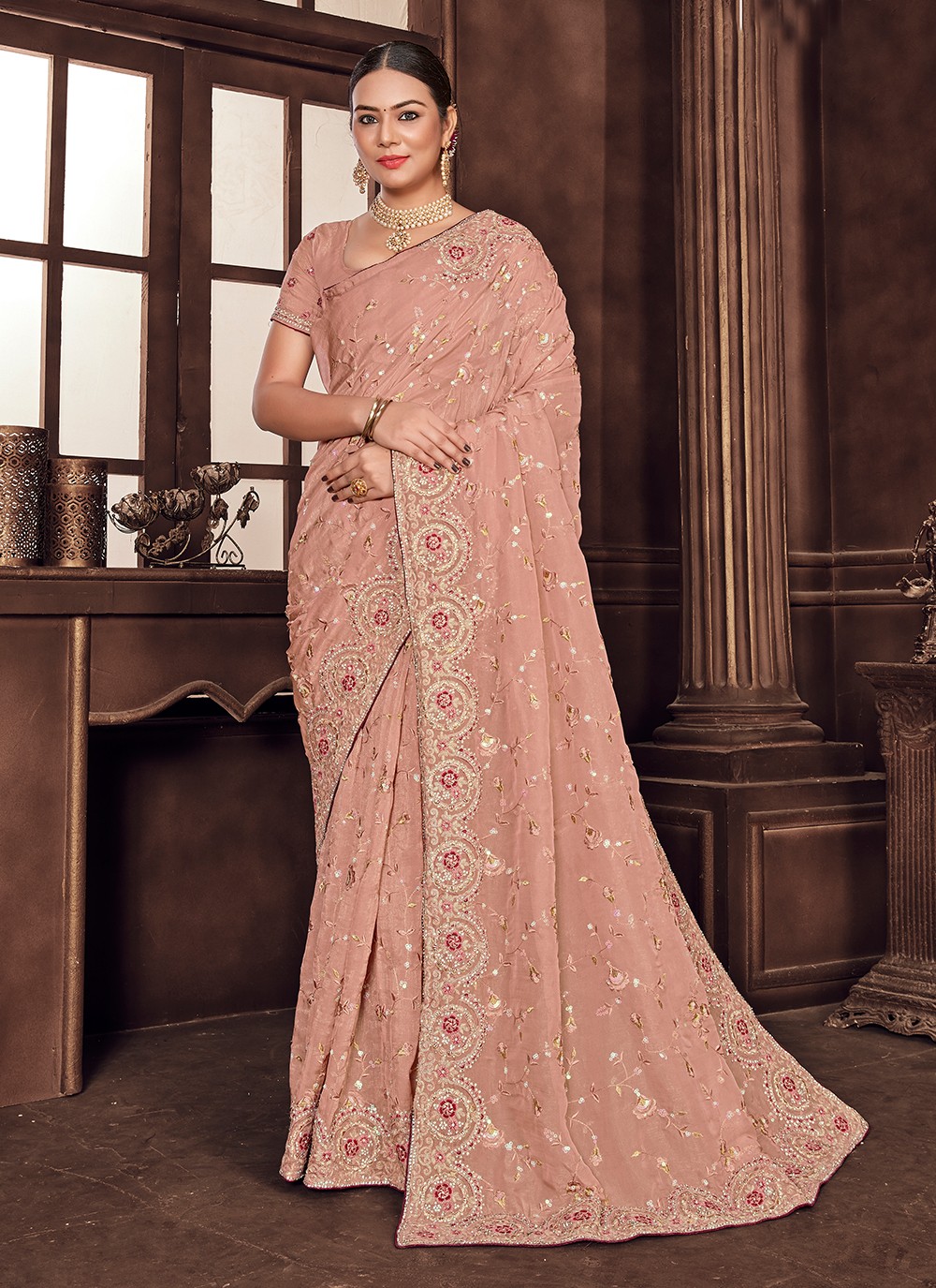 Buy Online Art Silk Embroidered Contemporary Saree in Peach 264115