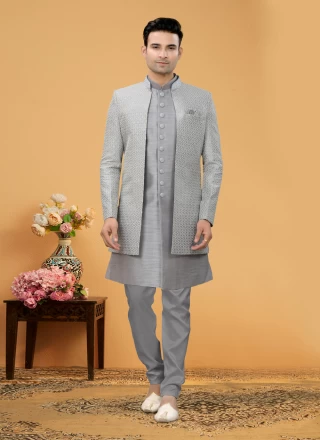 Art Silk Grey Indo Western Sherwani