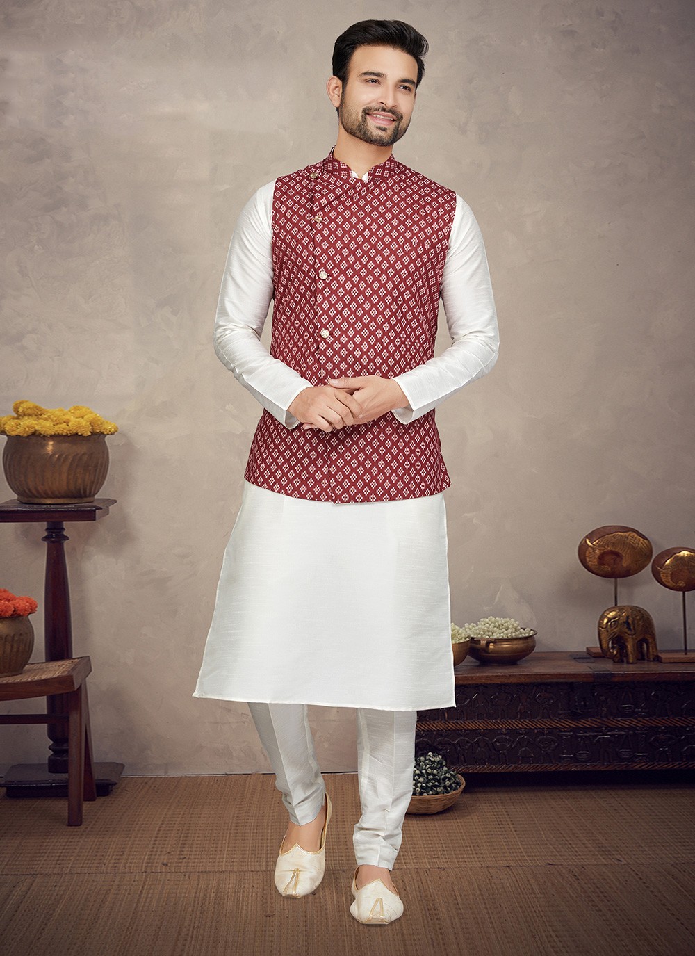 White Kurta With Maroon Waistcoat Mens Kurta Shalwar With