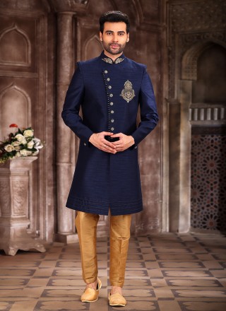 Art Silk Navy Blue Embroidered Indo Western Sherwani