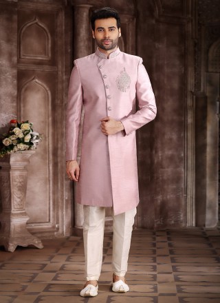 Art Silk Pink Embroidered Indo Western Sherwani