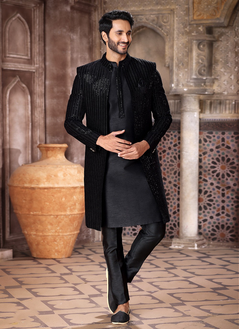 Buy Black Silk Indowestern With All-Over Line Embroidery | Shreeman