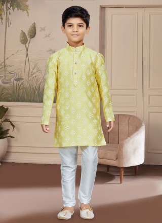 Art Silk Yellow Fancy Work Kurta Pyjama