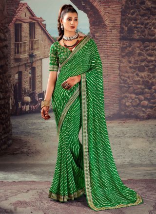 Artistic Green Georgette Classic Saree with Patch Border and Embroidered Work