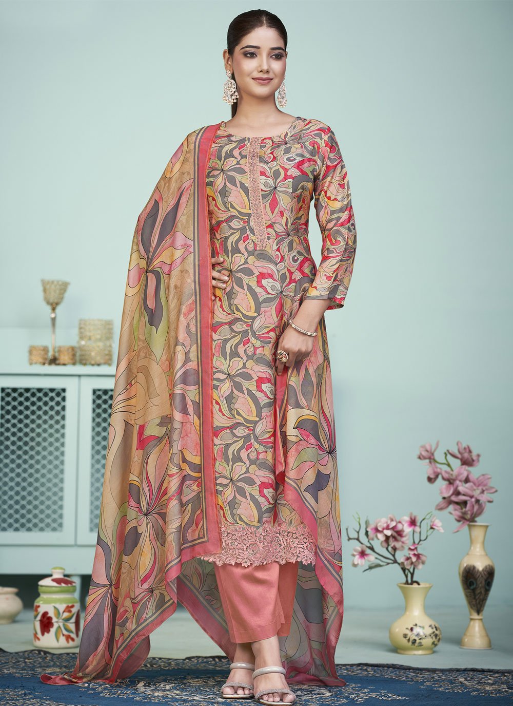 Astounding Multi Colour Muslin Salwar Suit with Digital Print Work