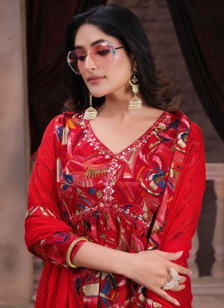 Attractive Red Rayon Readymade Salwar Suit