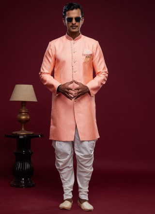 Banarasi Jacquard Embroidered Indo Western Sherwani in Pink