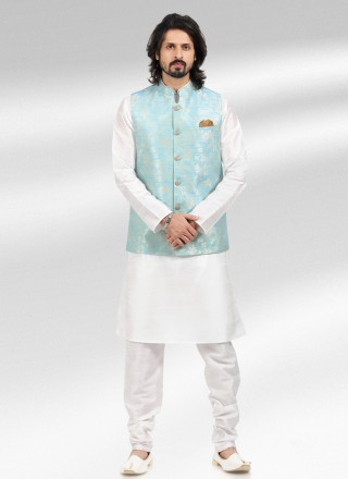 Banarasi Jacquard Fancy Blue and Off White Kurta Payjama With Jacket