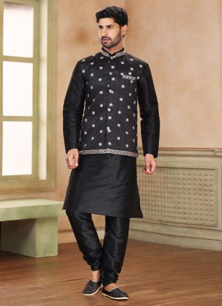 Banarasi Jacquard Kurta Payjama With Jacket in Black