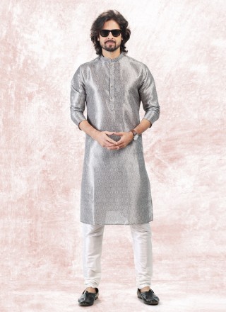 Banarasi Jacquard Kurta Pyjama in Silver