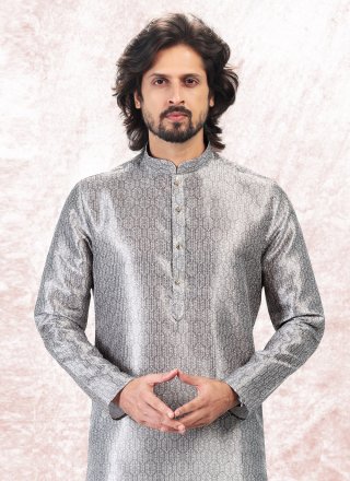 Banarasi Jacquard Kurta Pyjama in Silver