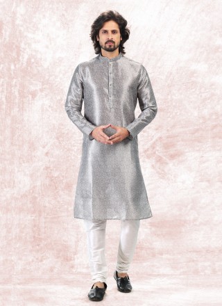 Banarasi Jacquard Kurta Pyjama in Silver