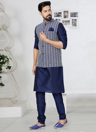 Banarasi Silk Blue and Navy Blue Fancy Kurta Payjama With Jacket