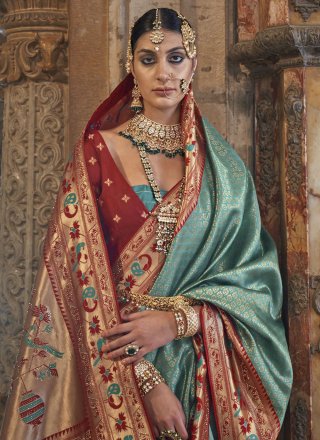 Banarasi Silk Classic Saree In Green and Maroon