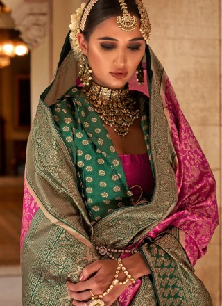 Banarasi Silk Contemporary Saree in Green and Pink