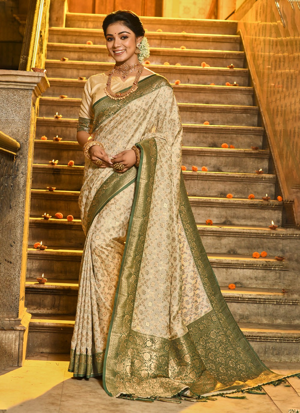 Elegant Beige Color Banarasi Silk Saree