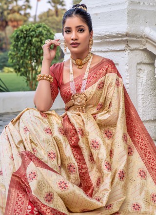 Banarasi Silk Cream Woven Contemporary Saree