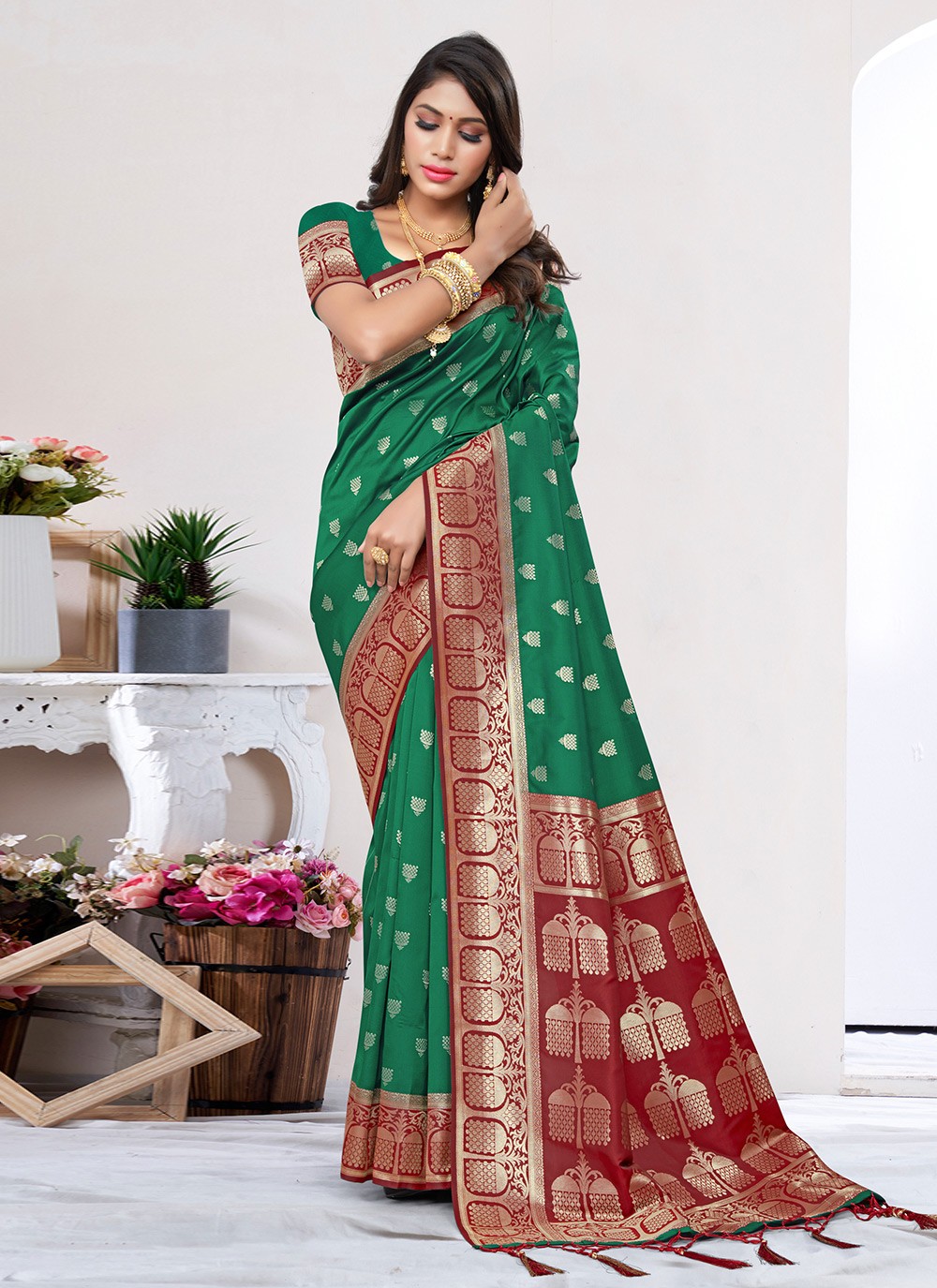 Buy Wedding Wear Bottle Green Weaving Work Banarasi Silk Saree Online From  Surat Wholesale Shop.