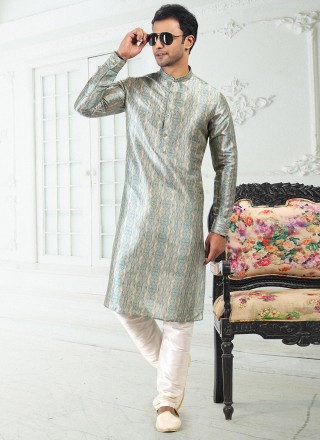 Banarasi Silk Digital Print Kurta Pyjama in Cream and Green