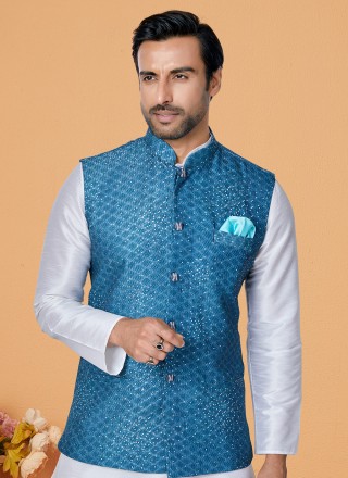 Banarasi Silk Embroidered Blue and Off White Kurta Payjama With Jacket