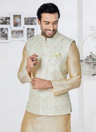 Banarasi Silk Fancy Cream and Multi Colour Kurta Payjama With Jacket