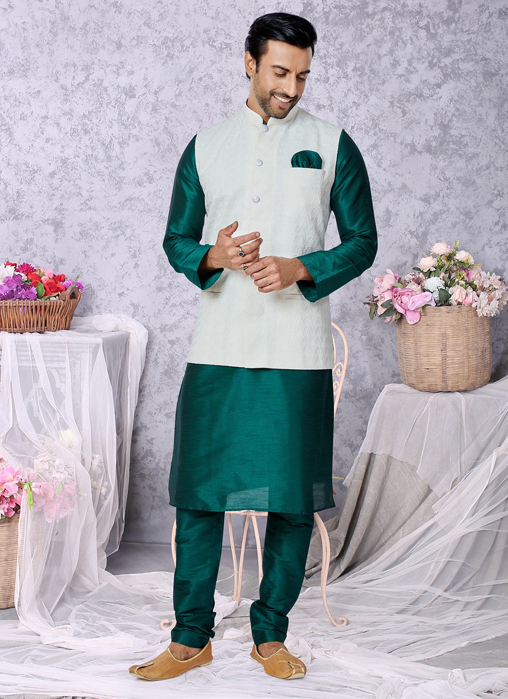 White kurta pajama on sale with green jacket