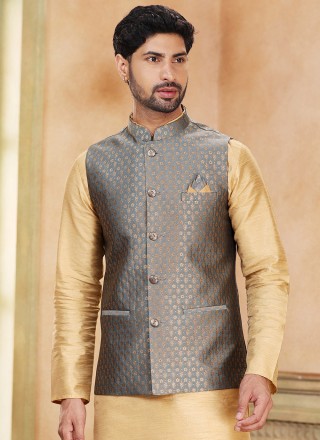 Banarasi Silk Fancy Kurta Payjama With Jacket in Beige and Grey